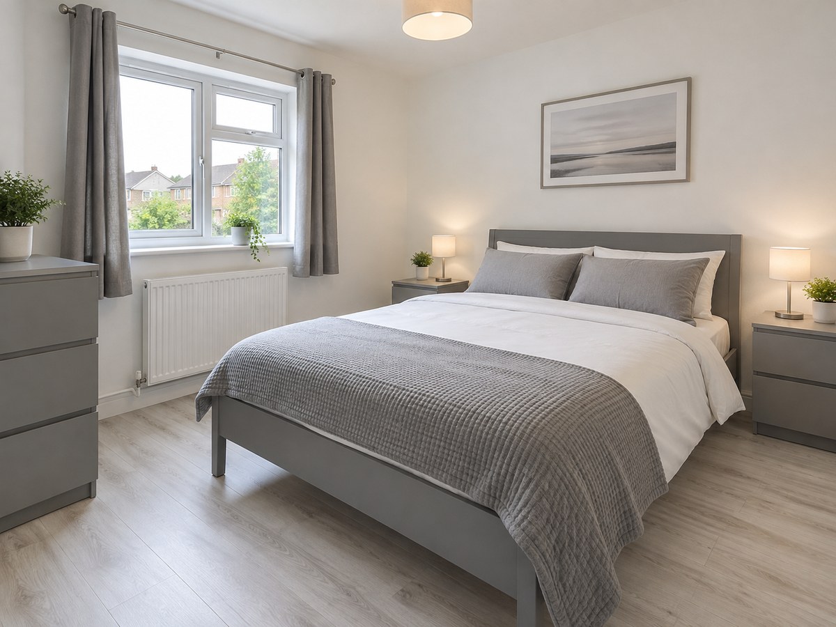 Concept view of a furnished bedroom.