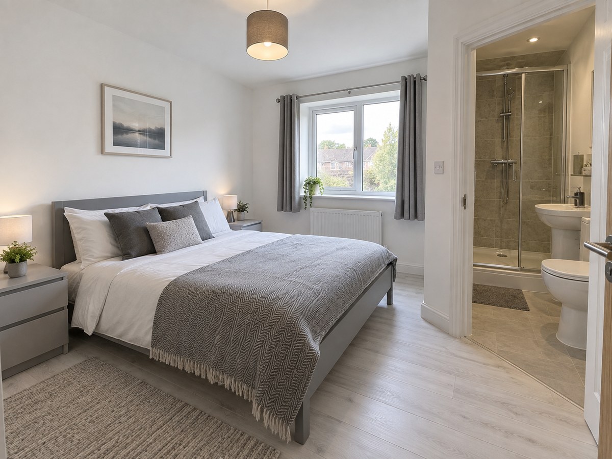 Concept view of a furnished bedroom.