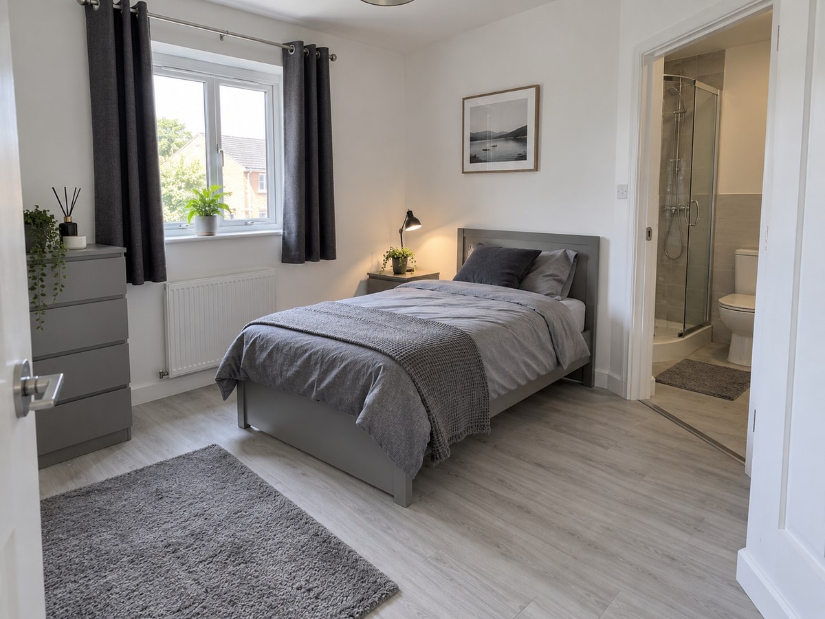 Example interior concept of a Whitehall House bedroom with grey furnishings and pale laminate flooring.